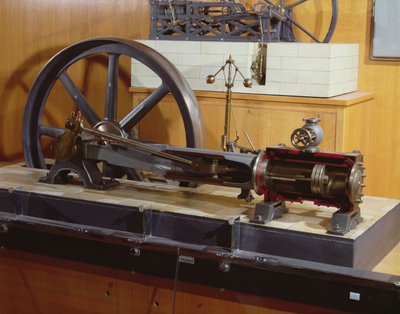 Ricostruzione del motore a vapore inventato da George Henry Corliss (1817-88) (metallo) da French School