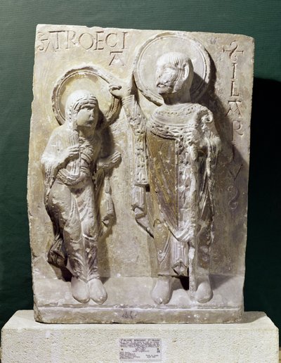 Rilievo raffigurante San Ilario di Poitiers (320-368) che benedice San Triaise, c.1150 da French School