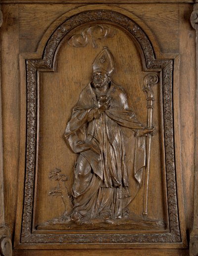 Rilievo raffigurante San Medardo (c.456-545) Vescovo di Noyon, dal pulpito (legno) da French School