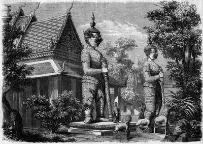 Architettura religiosa: vista esterna di una pagoda a Bangkok (Siam) nel 1861. Incisione in "Le Monde Illustré" n.223 del 20 luglio 1861 da French School