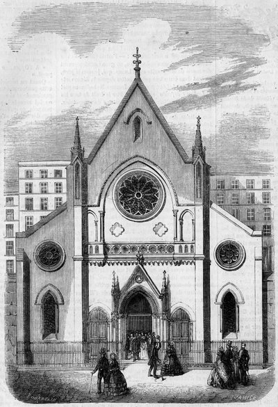 Architettura religiosa: vista della facciata del Tempio per gli americani che vivono a Parigi, rue de Berry, nel 1857. Edificio costruito dall