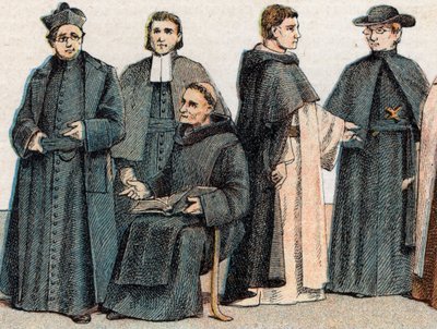 Costumi religiosi: ritratto di un gesuita, un padre marista (Marcellino Champagnat), un monaco benedettino, un monaco domenicano e un oblato da French School