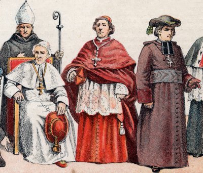 Costumi religiosi: da sinistra a destra, un vescovo con mitra e pastorale, Papa Leone XIII seduto, un cardinale in cappa magna, e un vescovo in abito - da sinistra a destra, vescovo con mitra e pastorale, il papa Leone XIII da French School