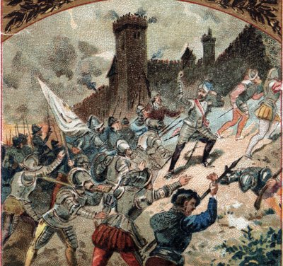 Guerre di religione: gli ugonotti conquistarono il castello di Dampierre nel 1567. Cromolitografia della fine del XIX secolo da French School