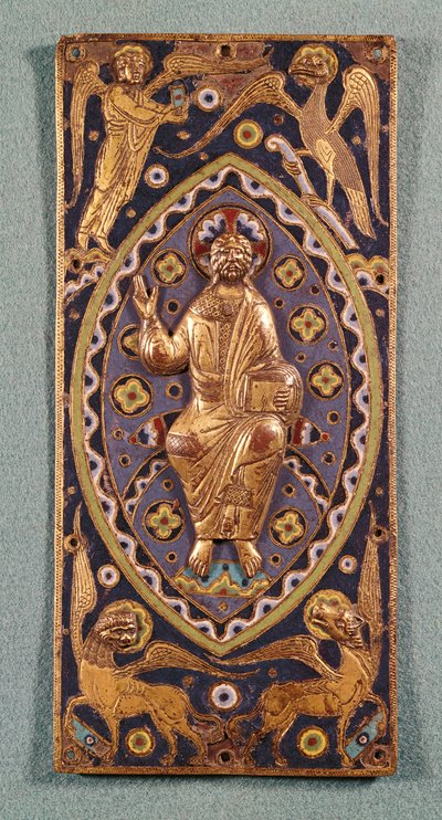Placca reliquiario che raffigura Cristo con i simboli degli evangelisti (rame smaltato) da French School