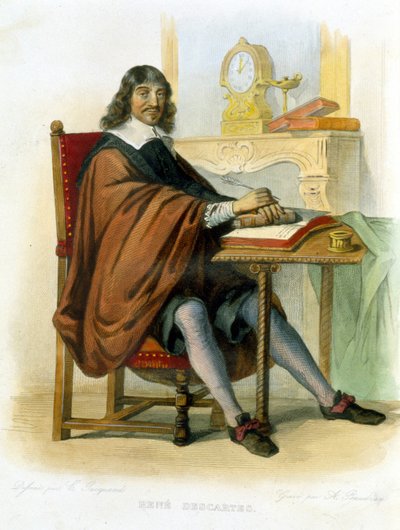René Descartes che scrive - in Ed. Mennechet, "Le Plutarque francais" da French School