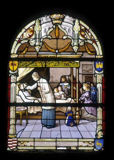 René de Neval, luogotenente del re e colonnello della retroguardia in Bassa Bretagna, morto il 13/04/1676, pieno di meriti e virtù nel suo castello di Neval, pianto dai suoi vassalli - vetrate della chiesa di San Germano a Kerlaz da French School