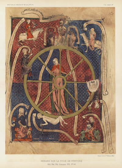 Renard sulla ruota della fortuna (litografia a colori) da French School