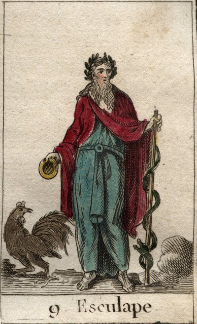 Rappresentazione di Asclepio, dio della Medicina, tiene in mano un bastone di Asclepio, un bastone di pellegrino su cui è avvolto un serpente, simbolo di conoscenza. Da 