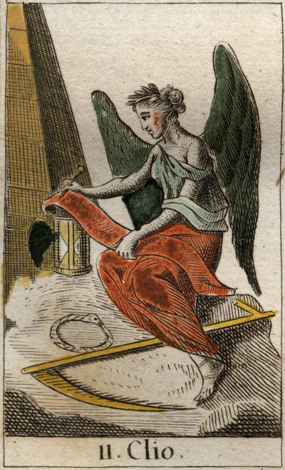 Rappresentazione di Clio, musa della Storia, come una giovane ragazza coronata di alloro, che tiene in mano un rotolo di papiro per registrare fatti storici. Da 