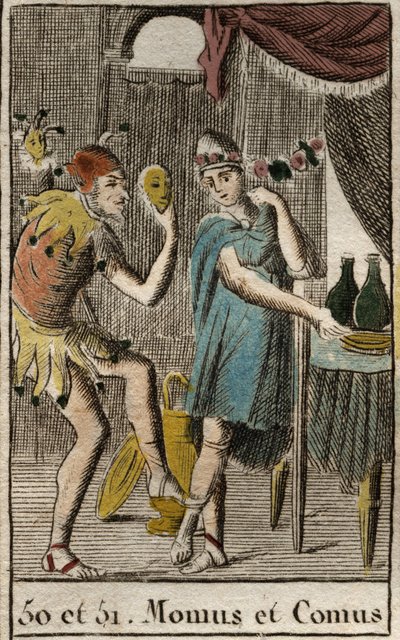 Rappresentazione di Comus, divinità dei buongustai e della cucina, presiede i banchetti, rappresentato appoggiato a un palo con una torcia e Momos, personificazione della derisione e del sarcasmo, rappresentato come un giullare di corte. da French School