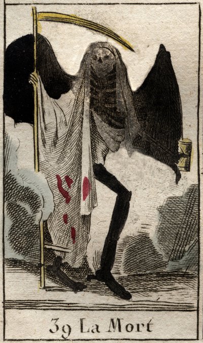 Rappresentazione della Morte, scheletro vestito di nero e alato, tiene una grande falce. Da "Mythologie de la jeunesse" di Pierre Blanchard 1803. da French School