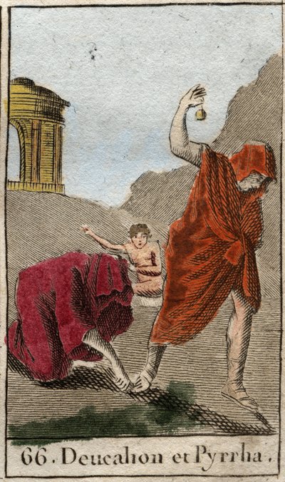 Rappresentazione di Deucalione e Pirra, gli unici sopravvissuti dopo il diluvio causato da Zeus per distruggere la razza umana. Temi dopo il diluvio chiede loro di camminare con la testa coperta gettando dietro di loro le ossa della loro madre (le pietre d da French School