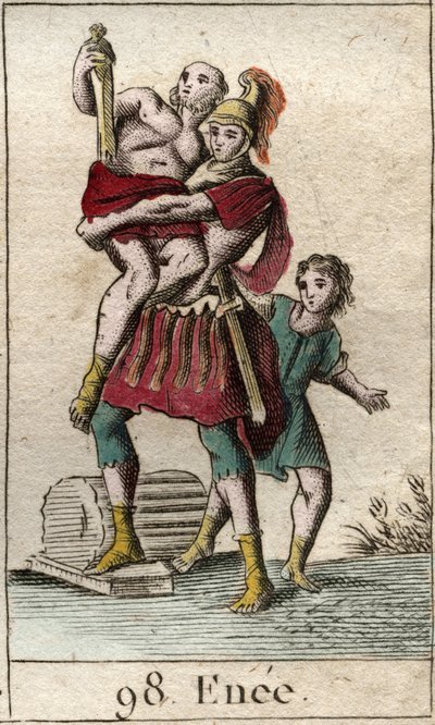 Rappresentazione di Enea durante la fuga da Troia presa dai Greci, portando sulle spalle il padre Anchise, seguito dal figlio Ascanio bambino. da French School