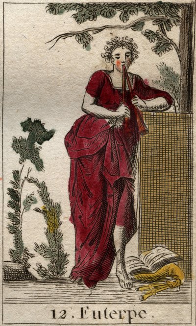 Rappresentazione di Euterpe, musa della musica, circondata da libri di musica e suonando il doppio flauto (aulos). Da 
