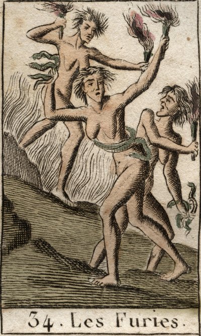 Rappresentazione delle Furie, Tisifone, Megera e Aletto, divinità persecutrici, rappresentate come donne emaciate. Da "Mitologia della gioventù" di Pierre Blanchard 1803. da French School