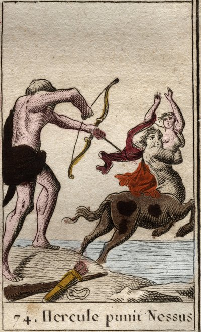 Rappresentazione di Ercole che scocca una freccia avvelenata al centauro Nesso che rapisce sua moglie Deianira. Da 