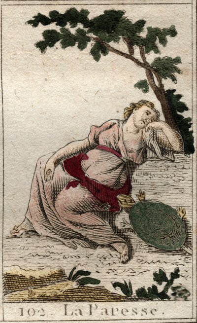 Rappresentazione della Pigrizia, figlia della Notte e del Sonno, come un giovane uomo con una tartaruga. Da 