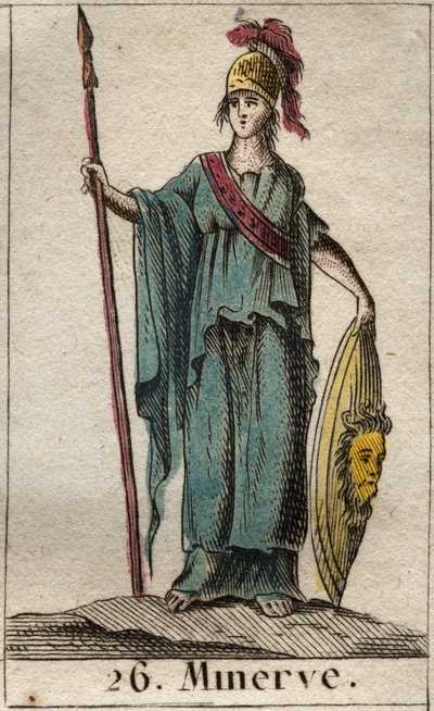 Rappresentazione di Minerva, Dea delle Arti, della Guerra e della Scienza. Indossa un