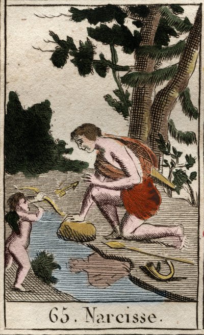 Rappresentazione di Narciso, un giovane innamorato di sé stesso, che guarda costantemente il suo riflesso. Da 