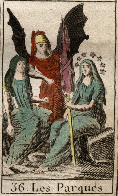 Rappresentazione delle Parche, Cloto, Lachesi e Atropo, divinità del destino umano, dalla nascita alla morte, come donne molto anziane che filano. Da 