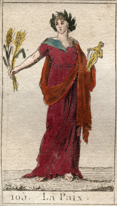 Rappresentazione della Pace, come una donna coronata di alloro, che tiene un fascio di grano. Da 