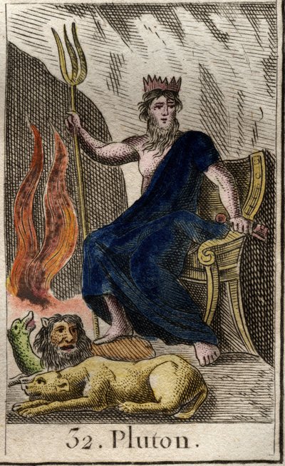 Rappresentazione di Plutone, dio degli Inferi, ai suoi piedi Cerbero, cane a tre teste, guardiano degli Inferi. Da "Mitologia della gioventù" di Pierre Blanchard 1803. da French School