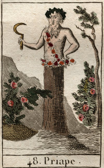Rappresentazione di Priapo, dio della fertilità rustica, spesso rappresentato con un pene permanentemente eretto, tiene una falce. Da "Mitologia della gioventù" di Pierre Blanchard 1803. da French School