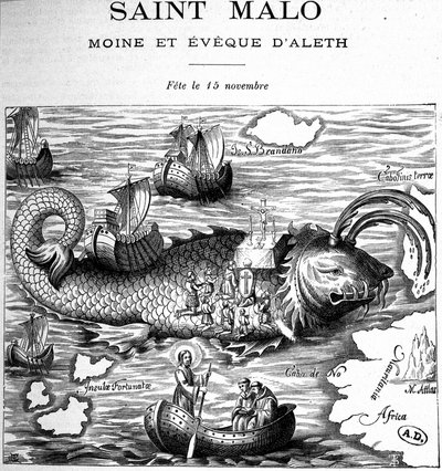 Rappresentazione di San Malo (San Maclou) sul dorso di una balena rappresentata alla maniera di San Brendan (Brandan) di Clonfert o Breanainn di Clonfert (ca. 484-577/578) - incisione da French School