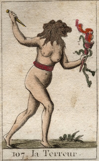 Rappresentazione del Terrore, come una donna con testa di leone, che tiene un coltello e serpenti. Da 