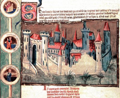Rappresentazione di una città fortificata nella regione di Strasburgo. Miniatura su pergamena "Genealogia della Bibbia" (ms.199) XIV secolo Cremona, Biblioteca Governativa da French School