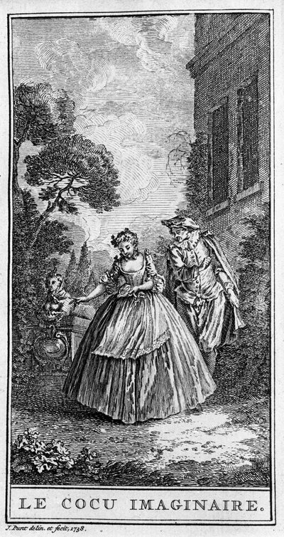 Rappresentazione di una scena del pezzo "Sganarelle o il cornuto immaginario" (1660) di Jean Baptiste Poquelin detto Molière. Incisione del 1738 da French School