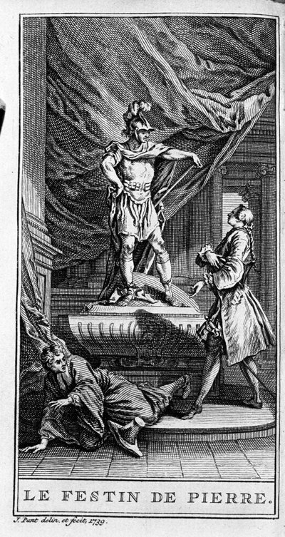 Rappresentazione di una scena del pezzo "Dom Juan ou le festin de Pierre" (1665) di Jean Baptiste Poquelin detto Molière. Incisione del 1739 da French School