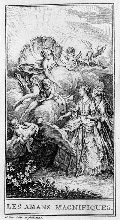 Rappresentazione di una scena del pezzo "Les amants magnifiques" (1670) di Jean Baptiste Poquelin detto Molière. Incisione del 1740 da French School