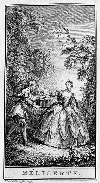 Rappresentazione di una scena del pezzo "Melicerte" (1666) di Jean Baptiste Poquelin detto Molière. Incisione del 1739 da French School
