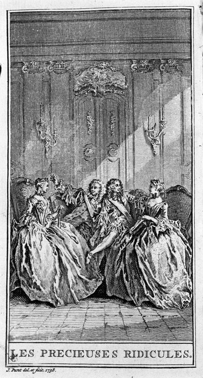 Rappresentazione di una scena del pezzo "Les précieuses ridicules" (1659) di Jean Baptiste Poquelin detto Molière. Incisione del 1738 da French School
