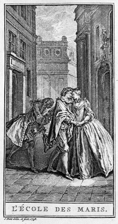 Rappresentazione di una scena della commedia "La scuola dei mariti" di Moliere. Incisione del 1738 da French School