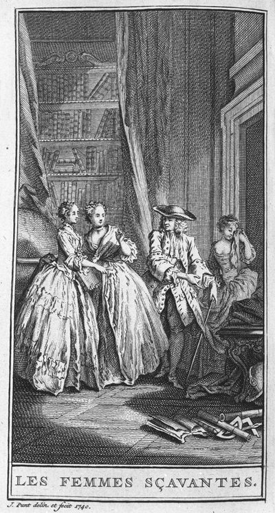 Rappresentazione di una scena della commedia "Les femmes savantes" (1672) di Jean Baptiste Poquelin detto Molière. Incisione del 1740 da French School