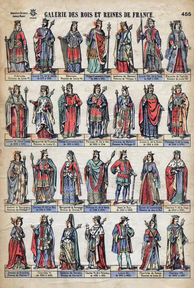 Rappresentazione dei re e delle regine di Francia della dinastia dei Capetingi (da Luigi VII a Carlo VIII). Illustrazione fine XIX secolo. da French School