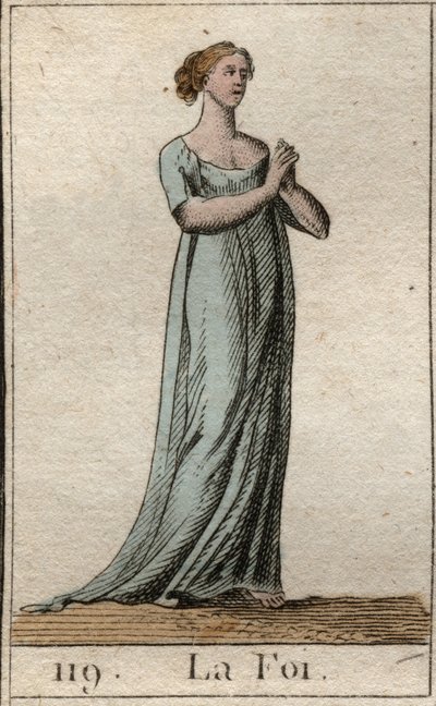 Rappresentazione della Fede, donna vestita di bianco con le mani giunte. Da 