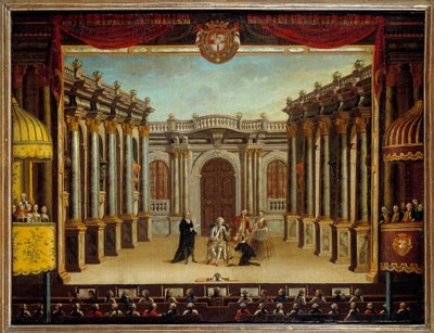 Rappresentazione del Malato Immaginario di Molière al Teatro di Minorca, Spagna; vista della scena da French School