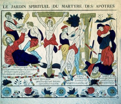 Rappresentazione dei Martiri degli Apostoli San Giacomo, San Filippo, San Bartolomeo e San Giuda. Incisione del XIX secolo. Parigi, Museo delle Arti e Tradizioni Popolari da French School
