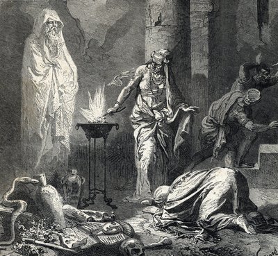 Rappresentazione della Strega di Endor, un villaggio cananeo menzionato nel primo libro di Samuele (Bibbia) che possiede un talismano con cui evoca il fantasma del profeta Samuele recentemente deceduto, su richiesta di Saul, re di Israele da French School