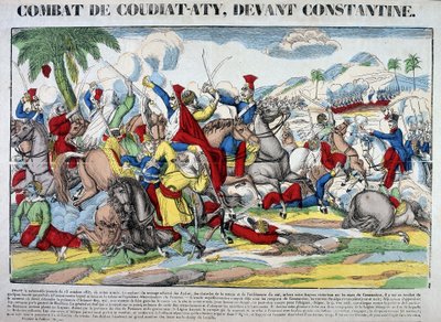 Rappresentazione della battaglia di Coudiat Aty, prima di Costantino, che portò alla cattura di Costantino il 13 ottobre 1837. Immagine di Epinal da French School