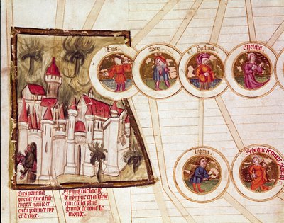 Rappresentazione della città di Nimrud (Kalkhu o Kalhu o Kalwakhum e Kalakh) e la genealogia della famiglia di Laban e Rebecca Pagina tratta dal manoscritto "Genealogia della Bibbia" della scuola francese. XIV secolo Cremona, biblioteca governativa da French School