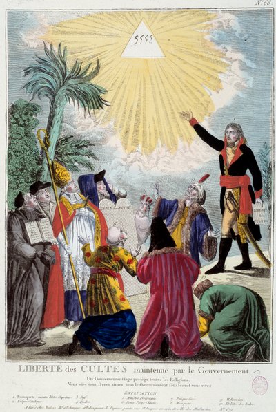 Rappresentazione della libertà di culto di tutte le religioni mantenuta da Napoleone Bonaparte: il primo Console indica il triangolo della Trinità simboleggiante Dio con i rappresentanti di ogni religione: vescovo cattolico, un ebreo, un quacchero da French School