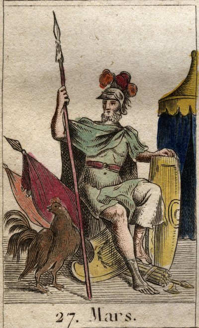 Rappresentazione del dio della guerra Marte, armato, vicino a un gallo. Da "Mythology of Youth" di Pierre Blanchard 1803. da French School