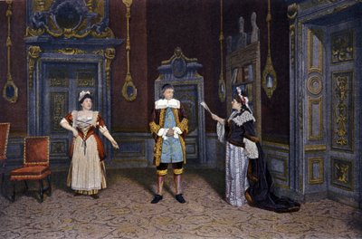 Rappresentazione del pezzo "Les femmes savantes" di Jean Baptiste Poquelin detto Molière alla Comédie Française circa 1885-1890. Da sinistra a destra: Ms. Rachel Boyer, Mr. Leloir, Ms. Blanche Pierson da French School