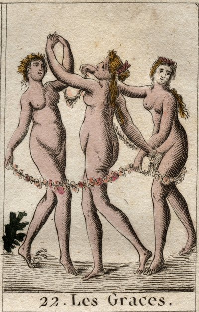Rappresentazione delle tre Grazie: Aglaia, Talia ed Eufrosine, figlie di Venere e Bacco. Da "Mitologia della gioventù" di Pierre Blanchard 1803. da French School