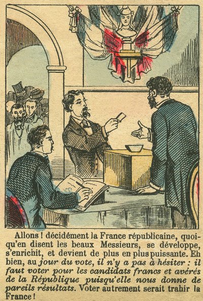 La Francia repubblicana meritava il voto dei francesi. Incisione, in “Le Figaro, supplemento”, il 30/03/1889, Parigi. Coll. Selva. da French School